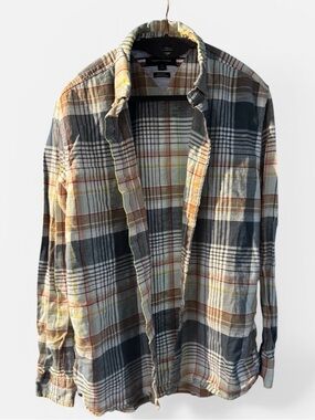 Tommy Hilfiger Plaid Button-Down Shirt — Navy, Brown, Yellow